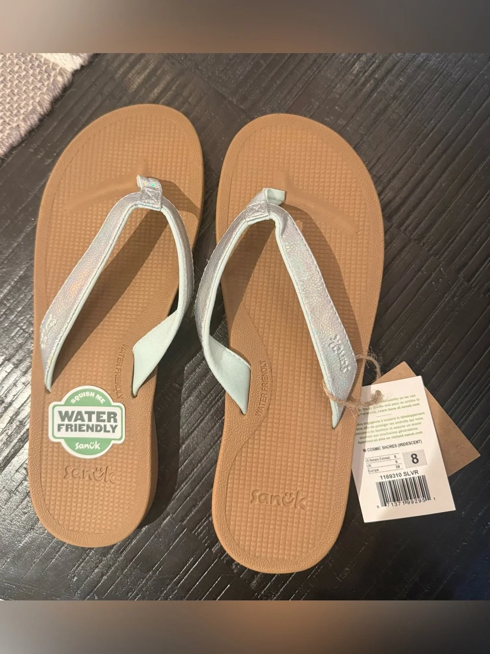 Sanuk Women’s Cosmic Shores Flip Flops Iridescent in Silver. Water Friendly - Picture 2 of 10